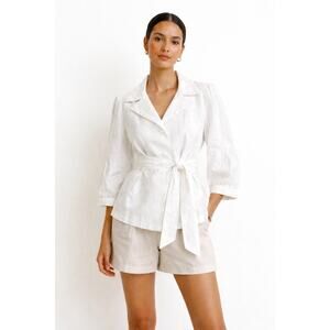 Zara 100% Linen Blazer White Belted 3/4 Sleeve Lightweight Size Small Vacation